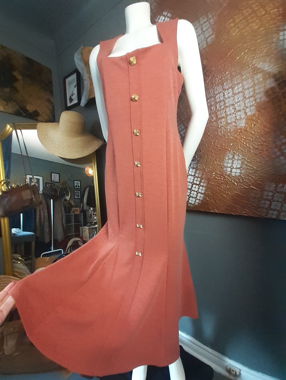 Zara Sleeveless Square-Neck Terracotta Midi Dress with Gold FauxButtons
